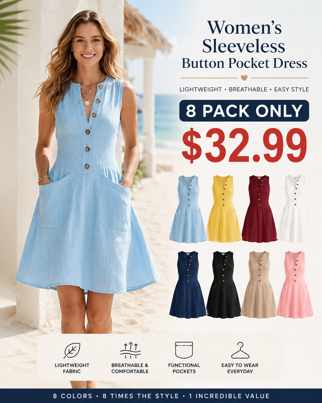 🔥8-PackOnly $32.99   Women's Sleeveless V-Neck Button Linen Blend Midi Dress, 