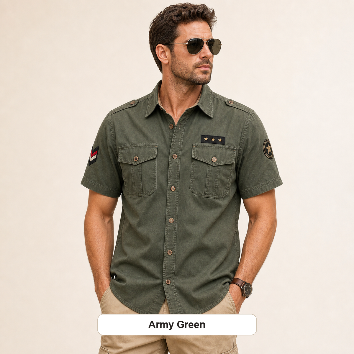 Men's Embroidered Patch Short Sleeve Utility Shirt