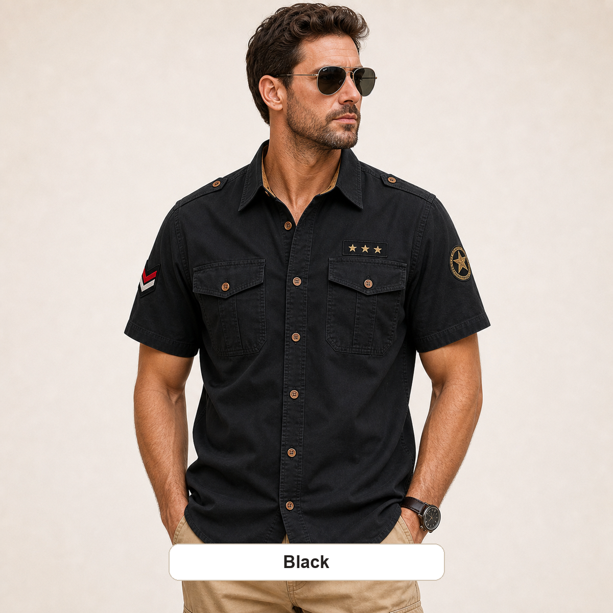 Men's Embroidered Patch Short Sleeve Utility Shirt