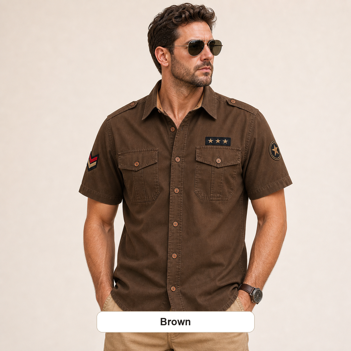 Men's Embroidered Patch Short Sleeve Utility Shirt