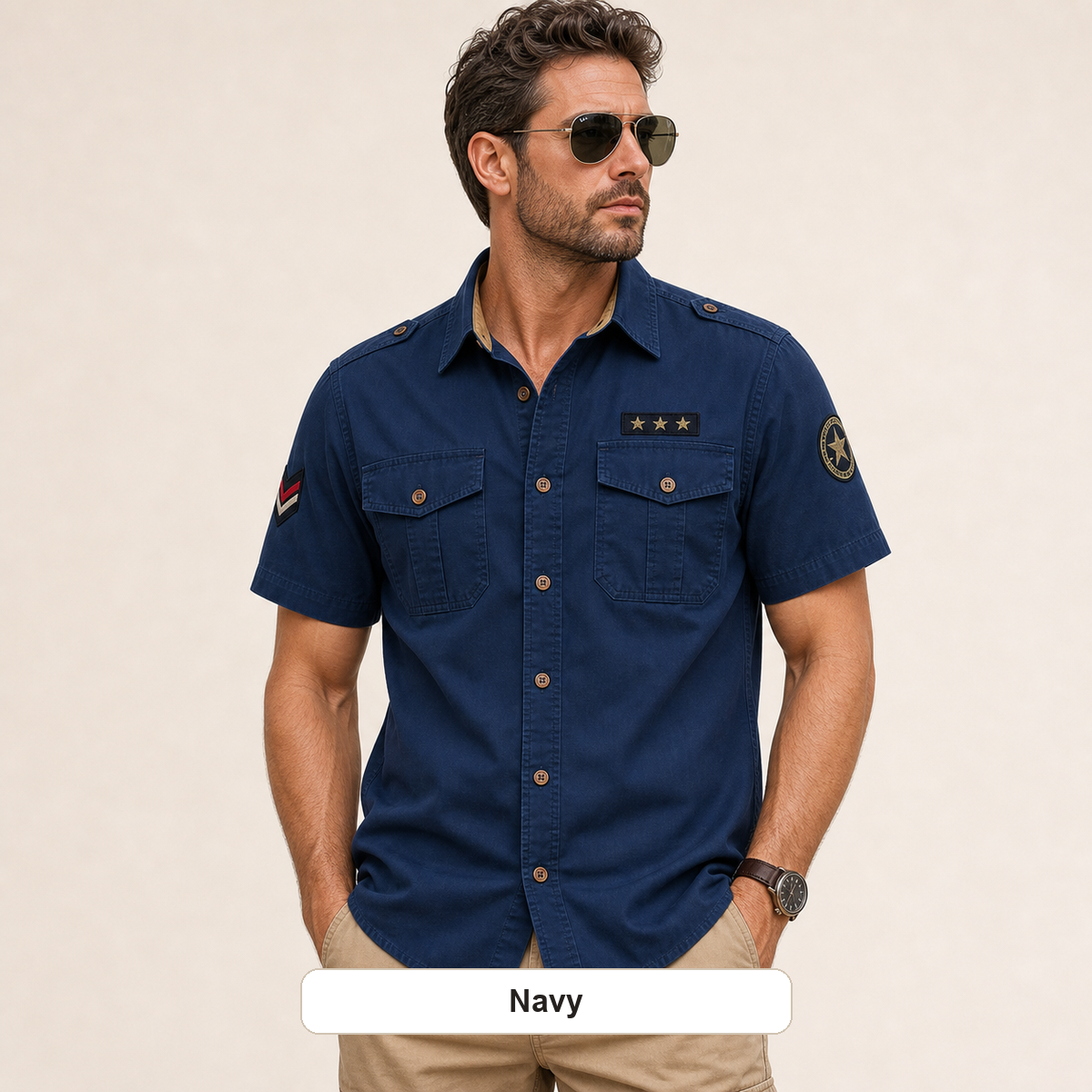 Men's Embroidered Patch Short Sleeve Utility Shirt