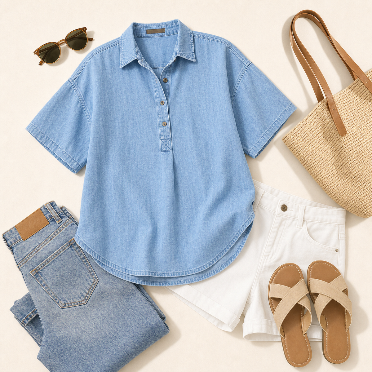 Women's Chambray Short Sleeve Henley Collar Shirt