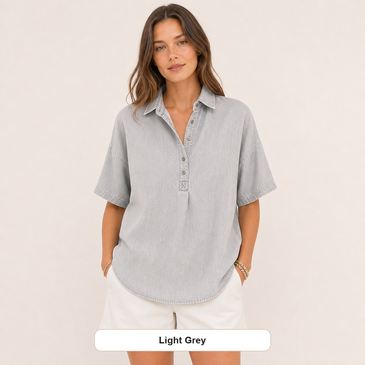 Women's Chambray Short Sleeve Henley Collar Shirt