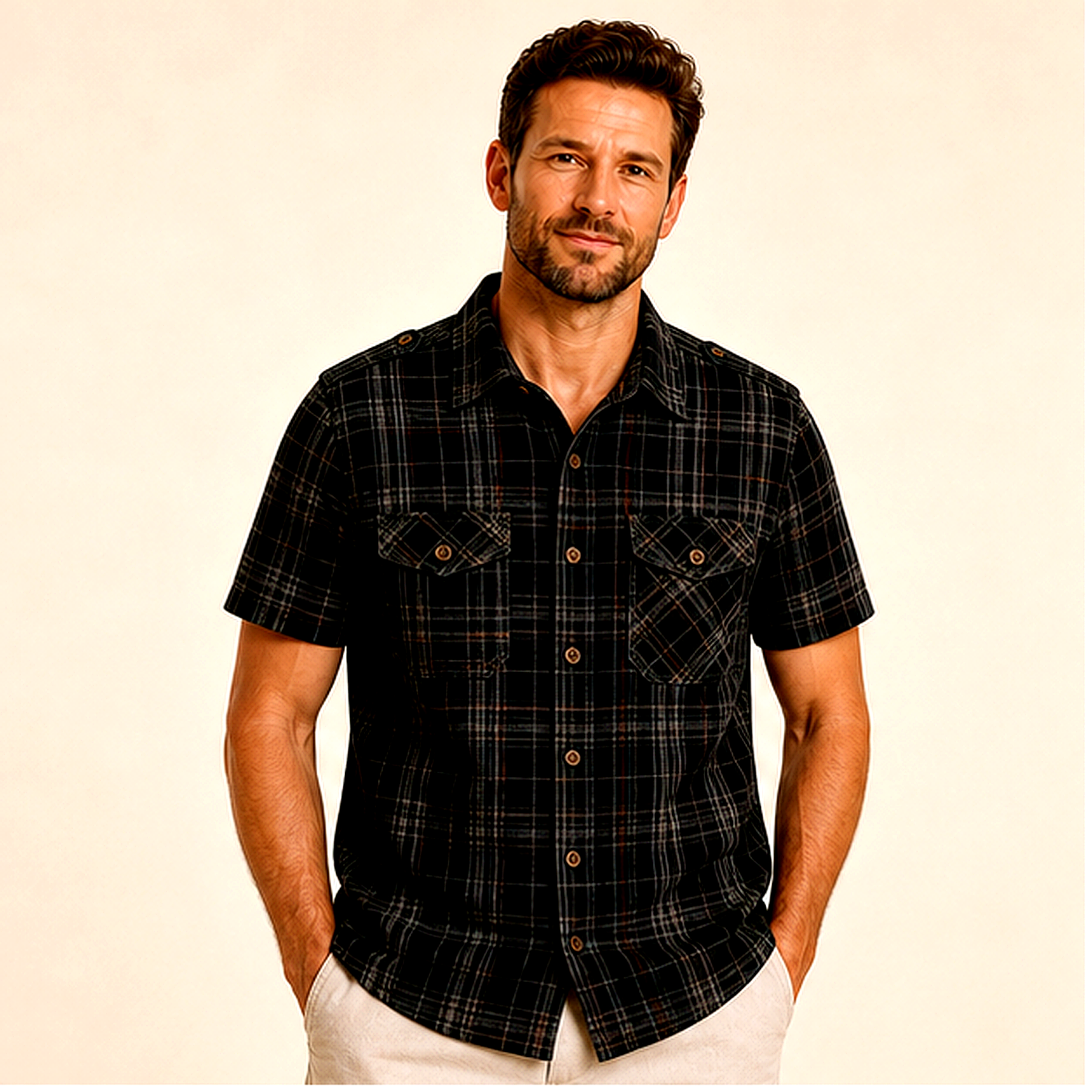 Men's Plaid Short Sleeve Utility Button-Up Shirt