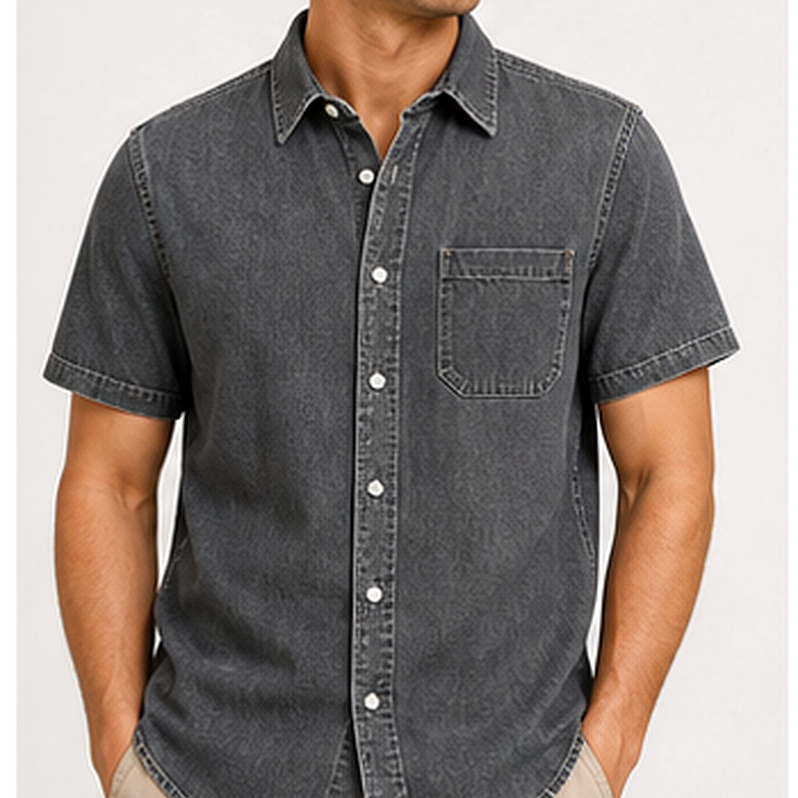 Men's Short Sleeve Denim Button-Up Shirt