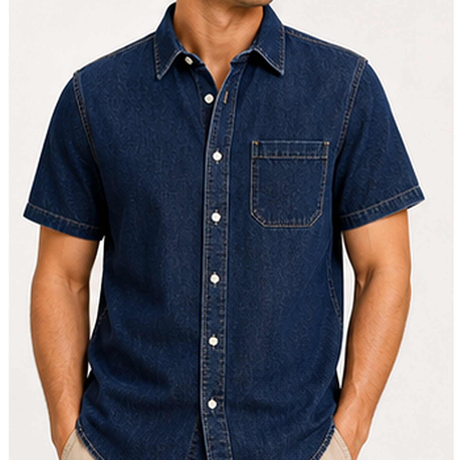 Men's Short Sleeve Denim Button-Up Shirt