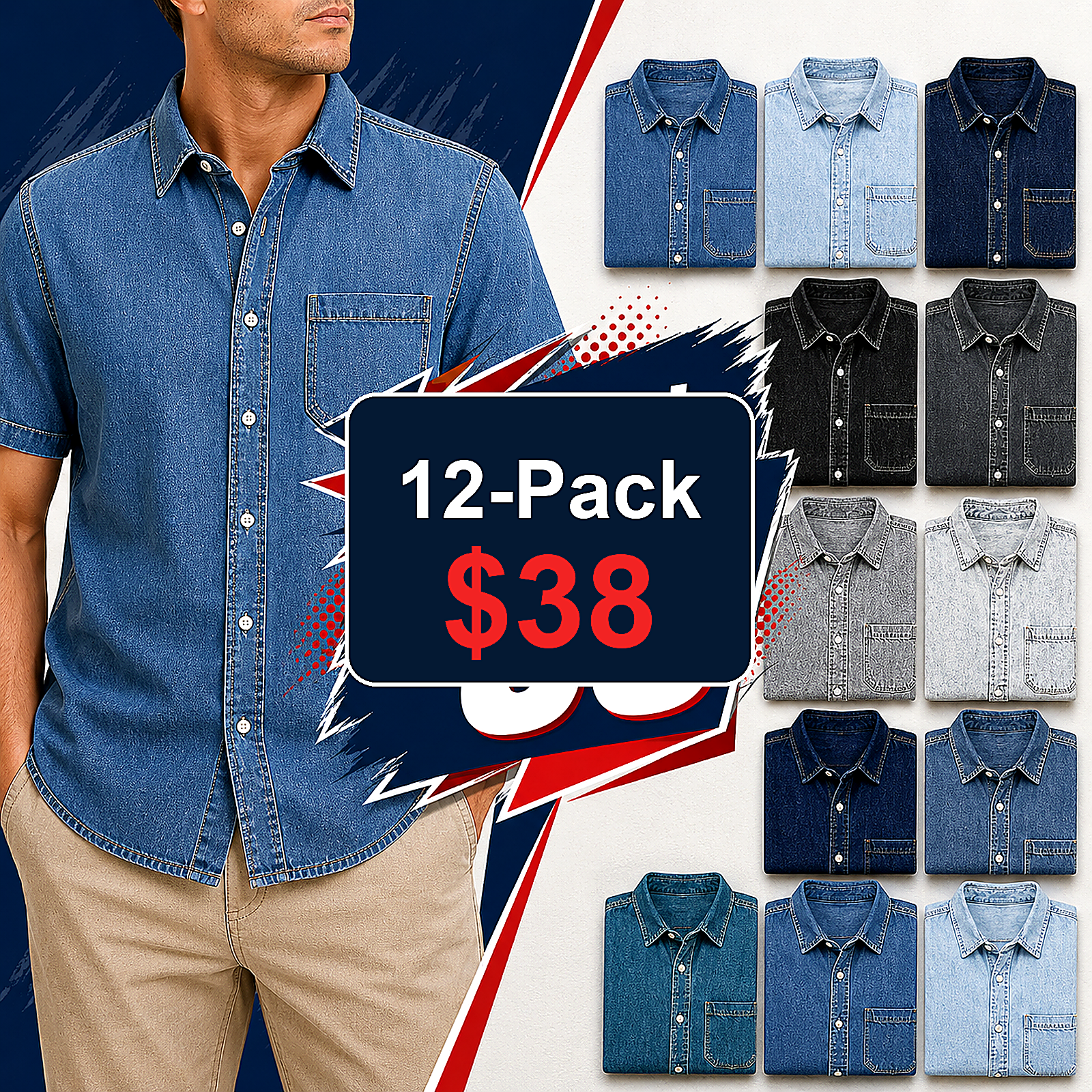 Men's Short Sleeve Denim Button-Up Shirt