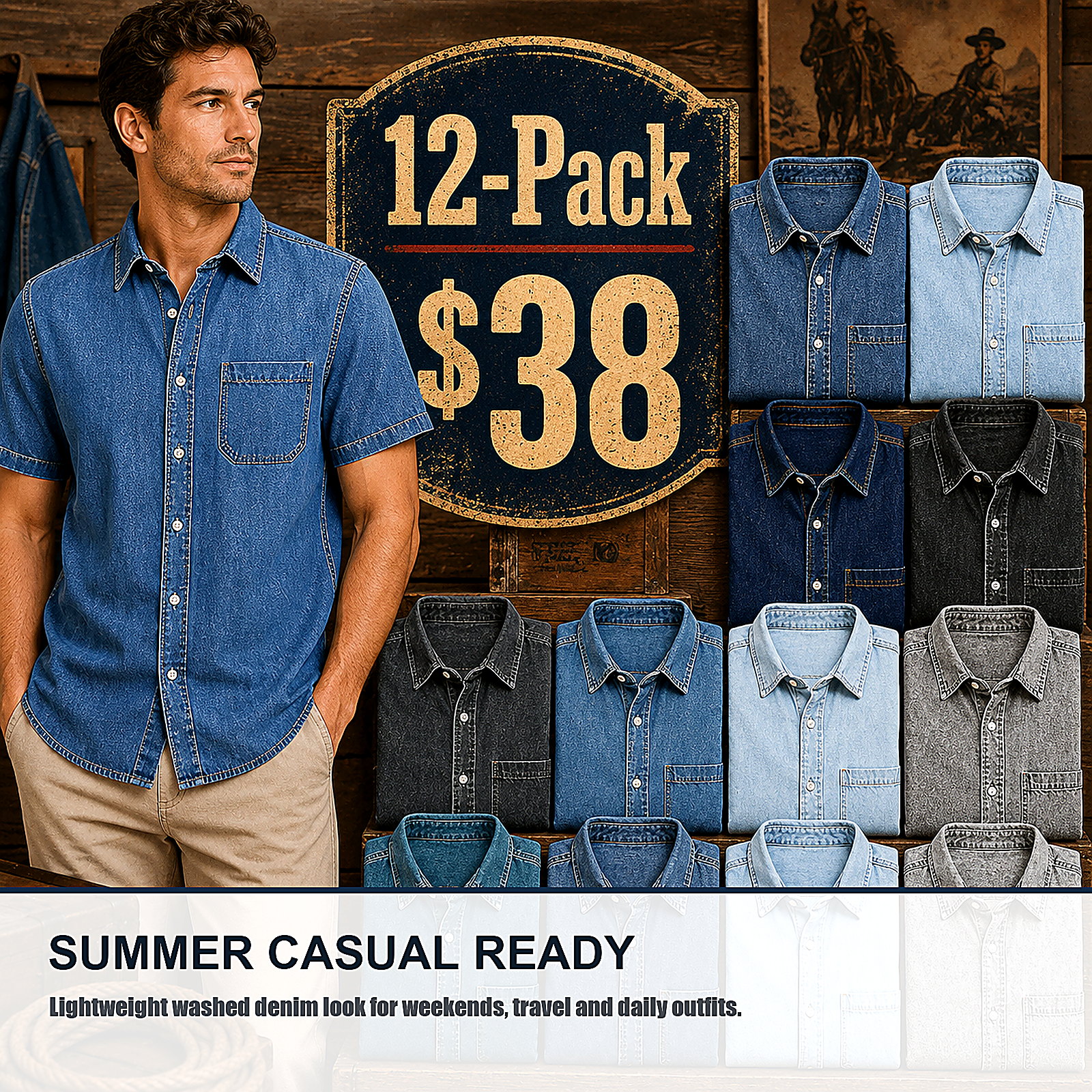Men's Short Sleeve Denim Button-Up Shirt