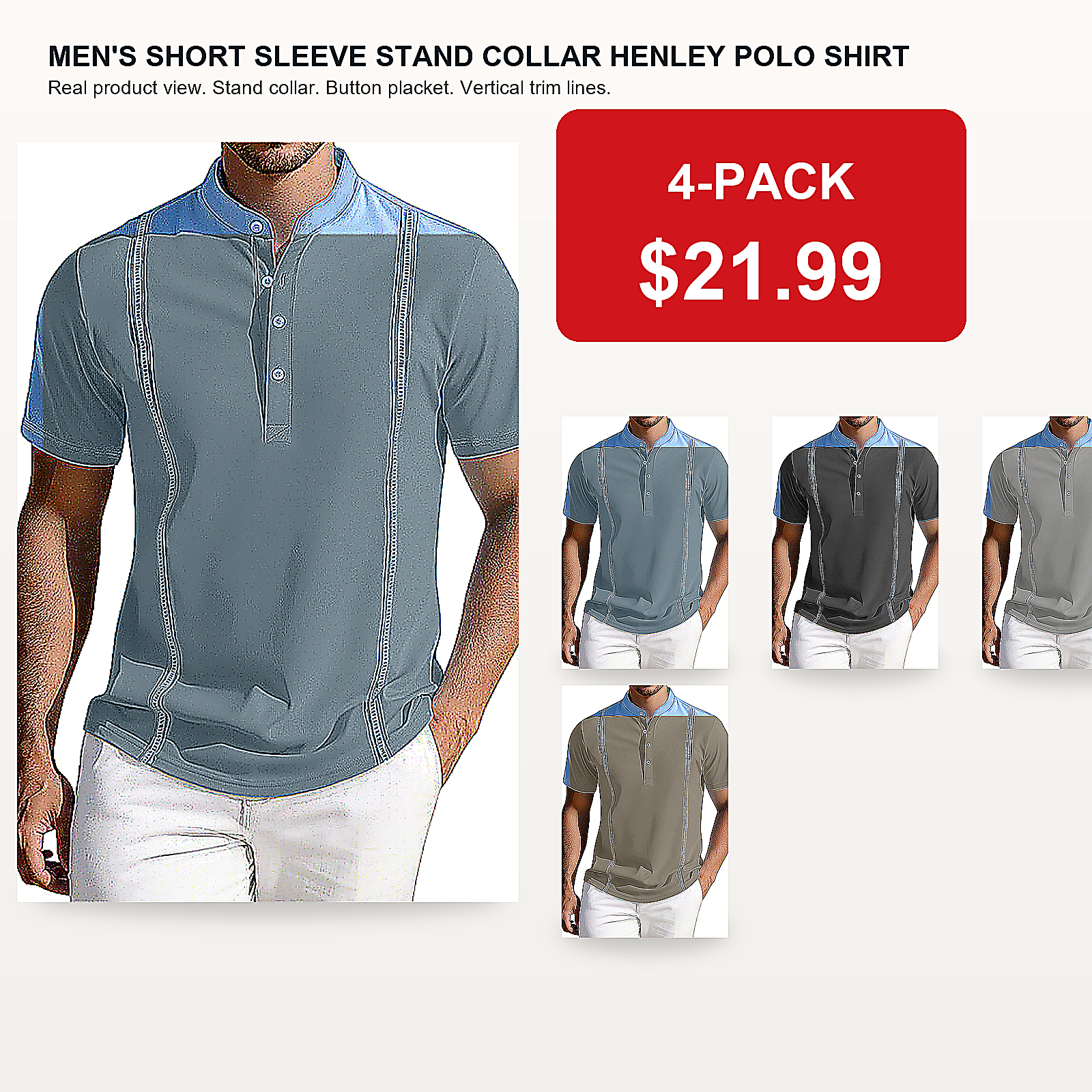 Men's Short Sleeve Stand Collar Henley Polo Shirt