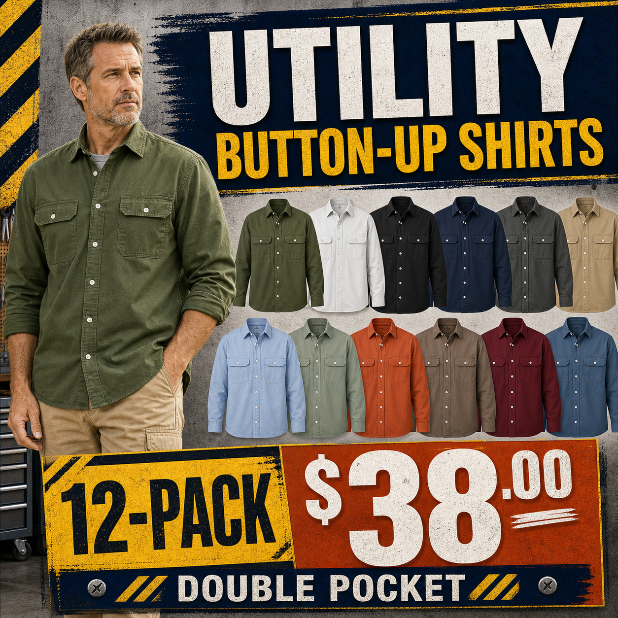Men's Long Sleeve Double Pocket Utility Button-Up Shirts