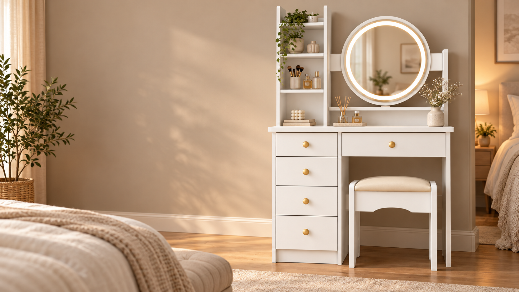 White LED makeup vanity in a warm European bedroom