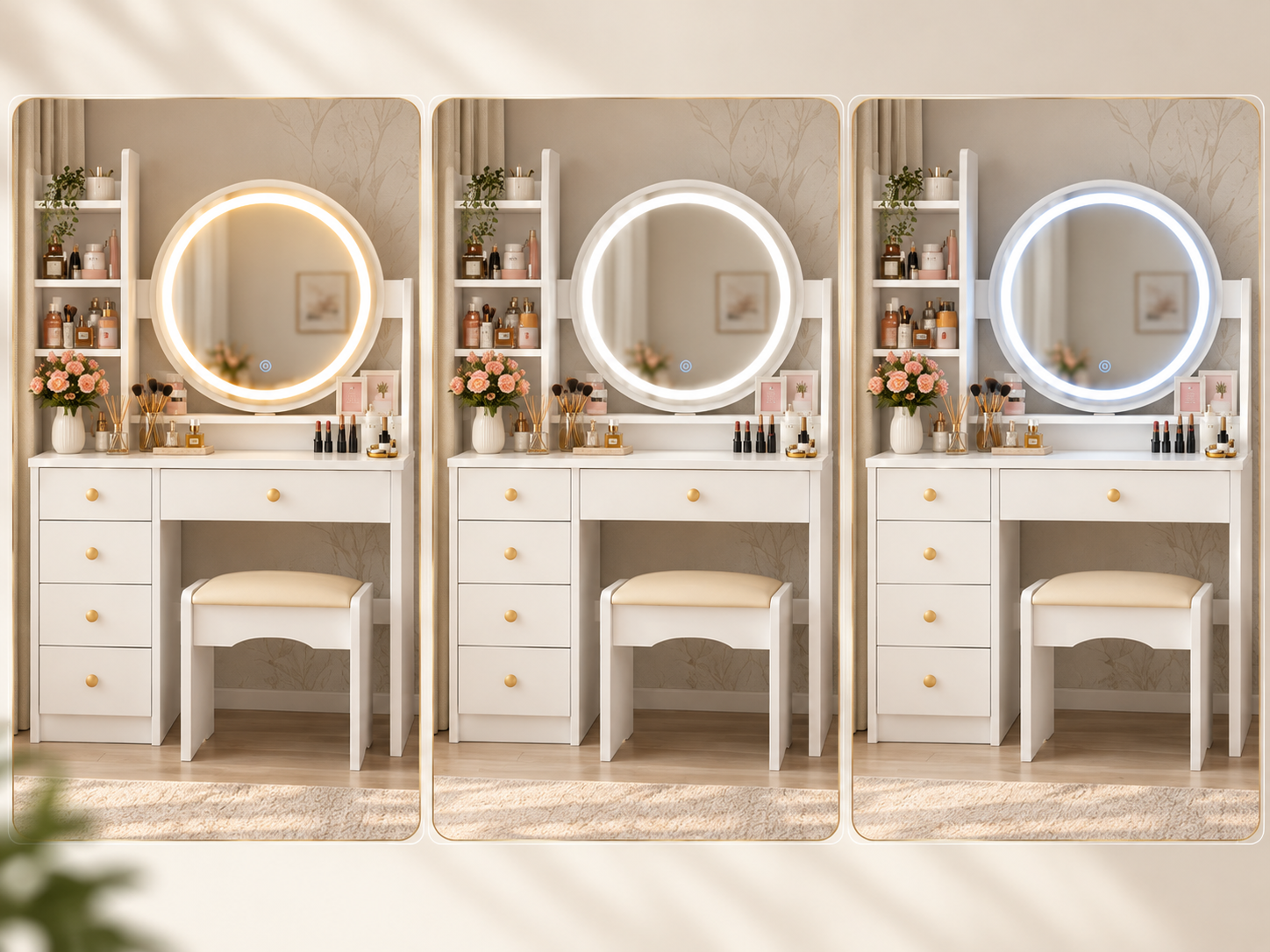 Warm natural and cool LED mirror lighting modes