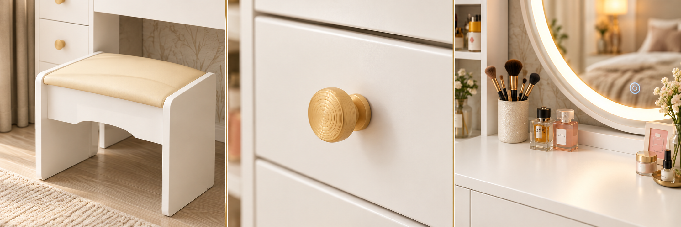 Cushioned stool drawer pull and spacious tabletop