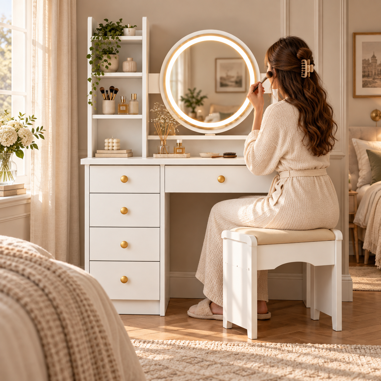 Vanity in a warm bedroom beauty routine