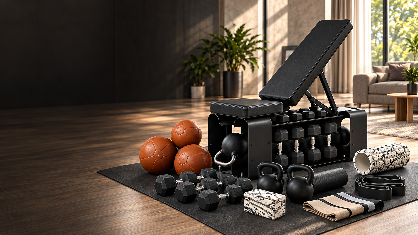 Complete home workout set in a European apartment