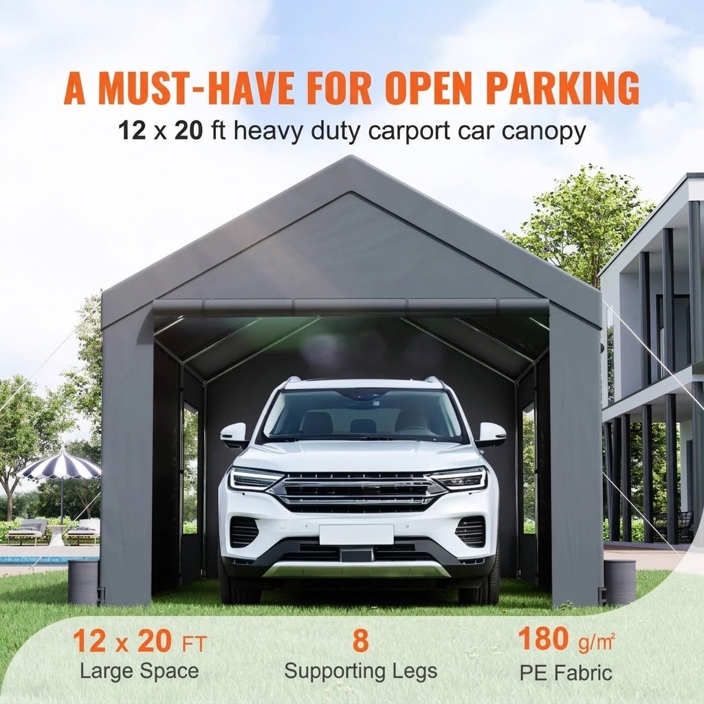 VEVOR Carport, Extra Large 12 x 20 ft Car Canopy with Roll-up Ventilated Windows, Portable Garage with Removable Sidewalls, Waterproof UV Resistant All-Season Tarp for SUV, Truck, Boat ...