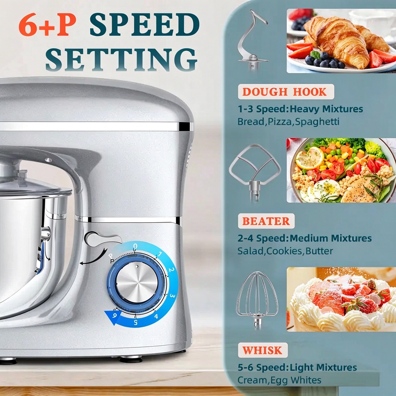 Cheflee 660W Stand Mixer with 6.5QT Stainless Bowl, 6+ Speeds