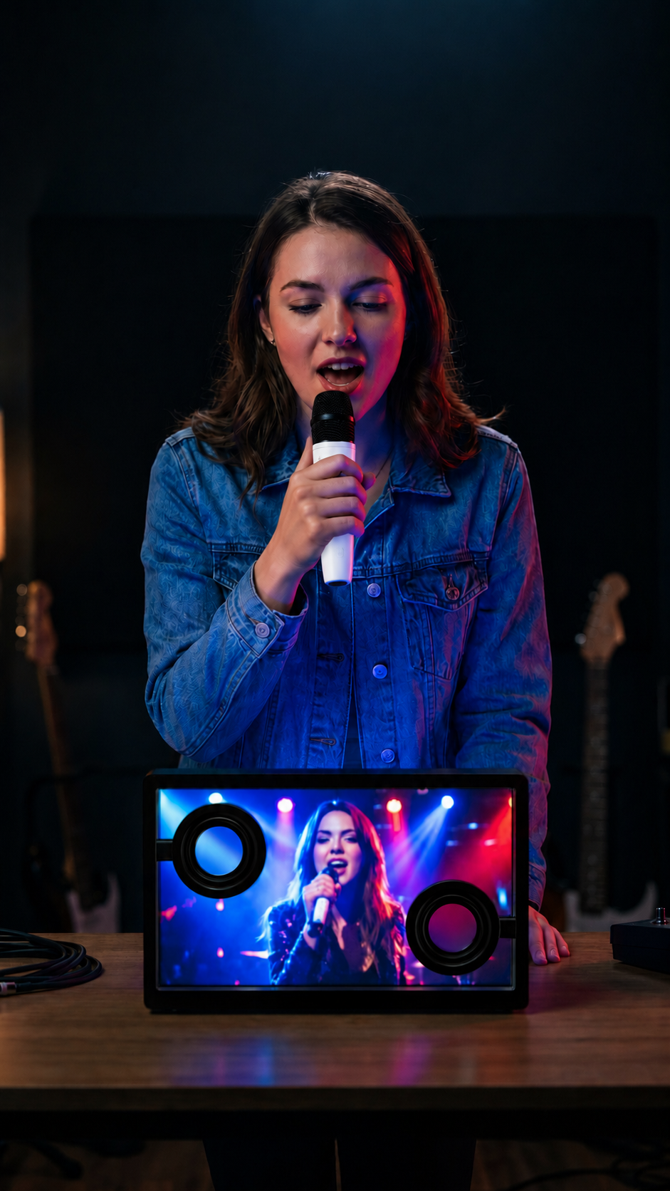 A woman in a blue denim jacket stands behind a tabletop speaker system, holding a handheld microphone. The speaker on the table displays a live performance image with colorful stage lighting, set against a dark studio background with blurred guitars.