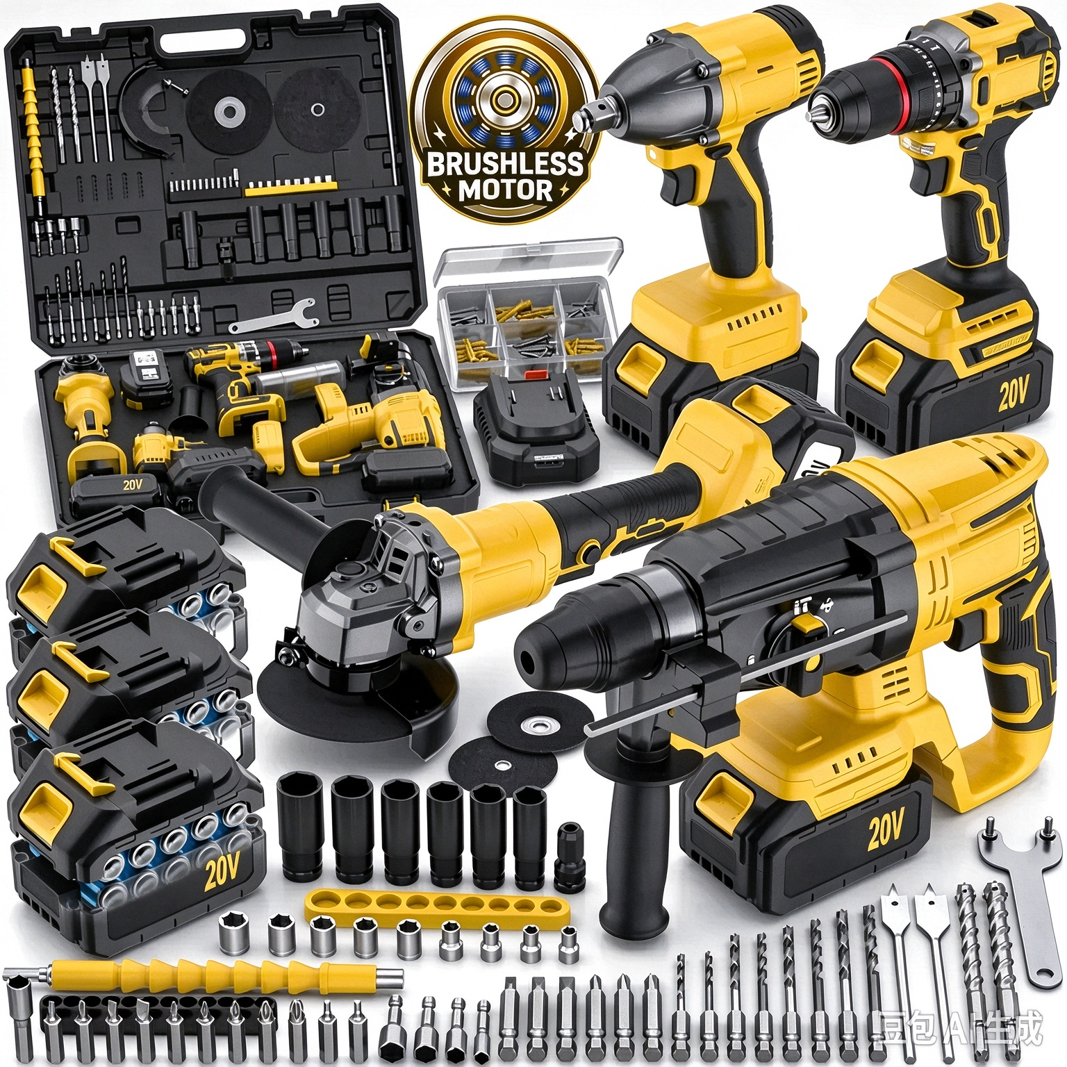 4-in-1 Brushless Cordless Power Tool Set, 3x 4.0Ah Batteries