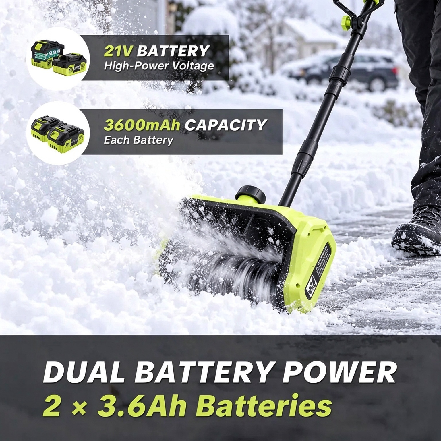 Cordless Snow Shovel, 21V Battery Snow Blower with 2 × 3.6Ah Batteries, Electric Snow Thrower with Directional Plate & Adjustable Front Handle, Portable Cordless Snow Removal Tool for Driveways, Steps, Sidewalks and Walkways