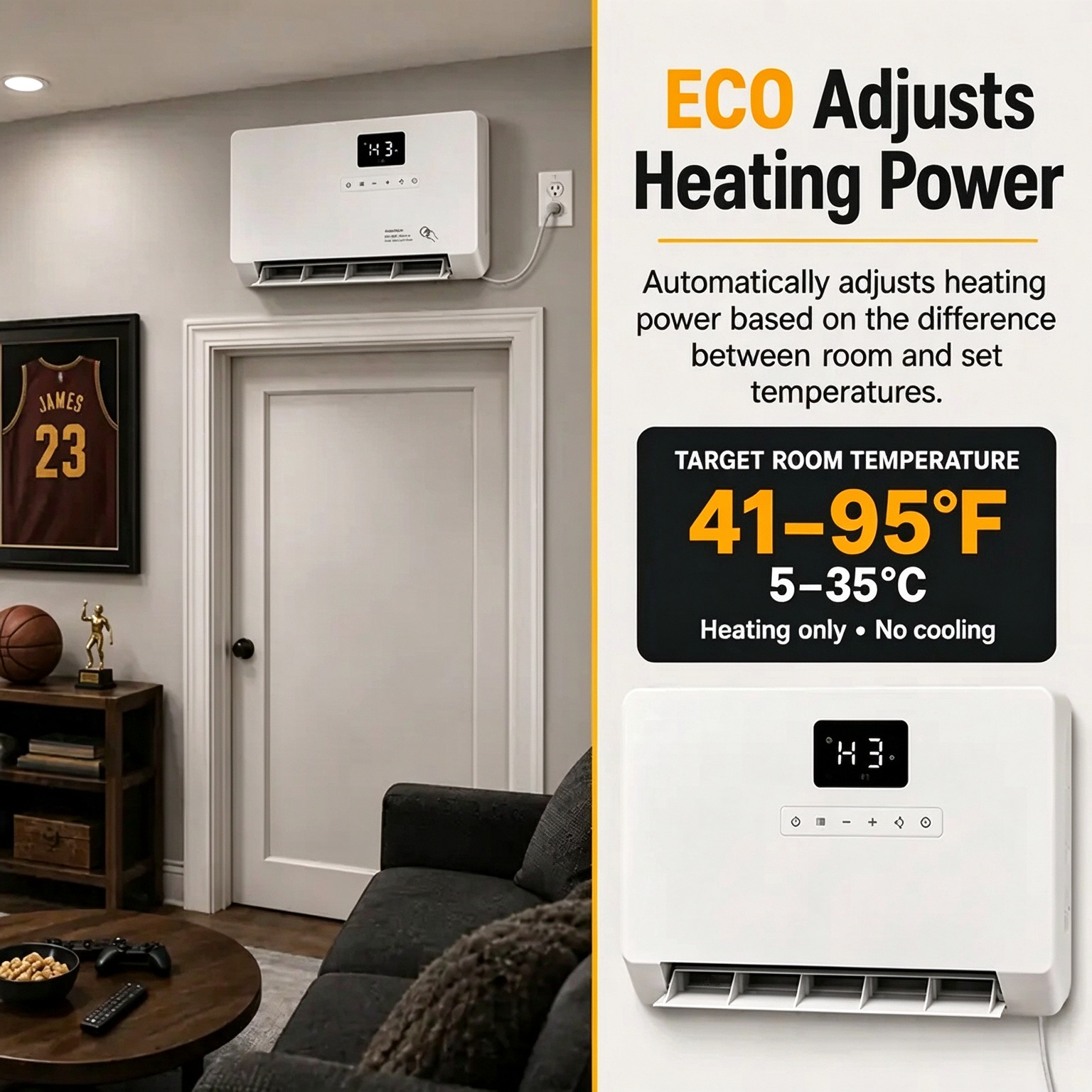 Smart Wall Heater 1500W Fast Heating Electric Space Heater for Indoor Use