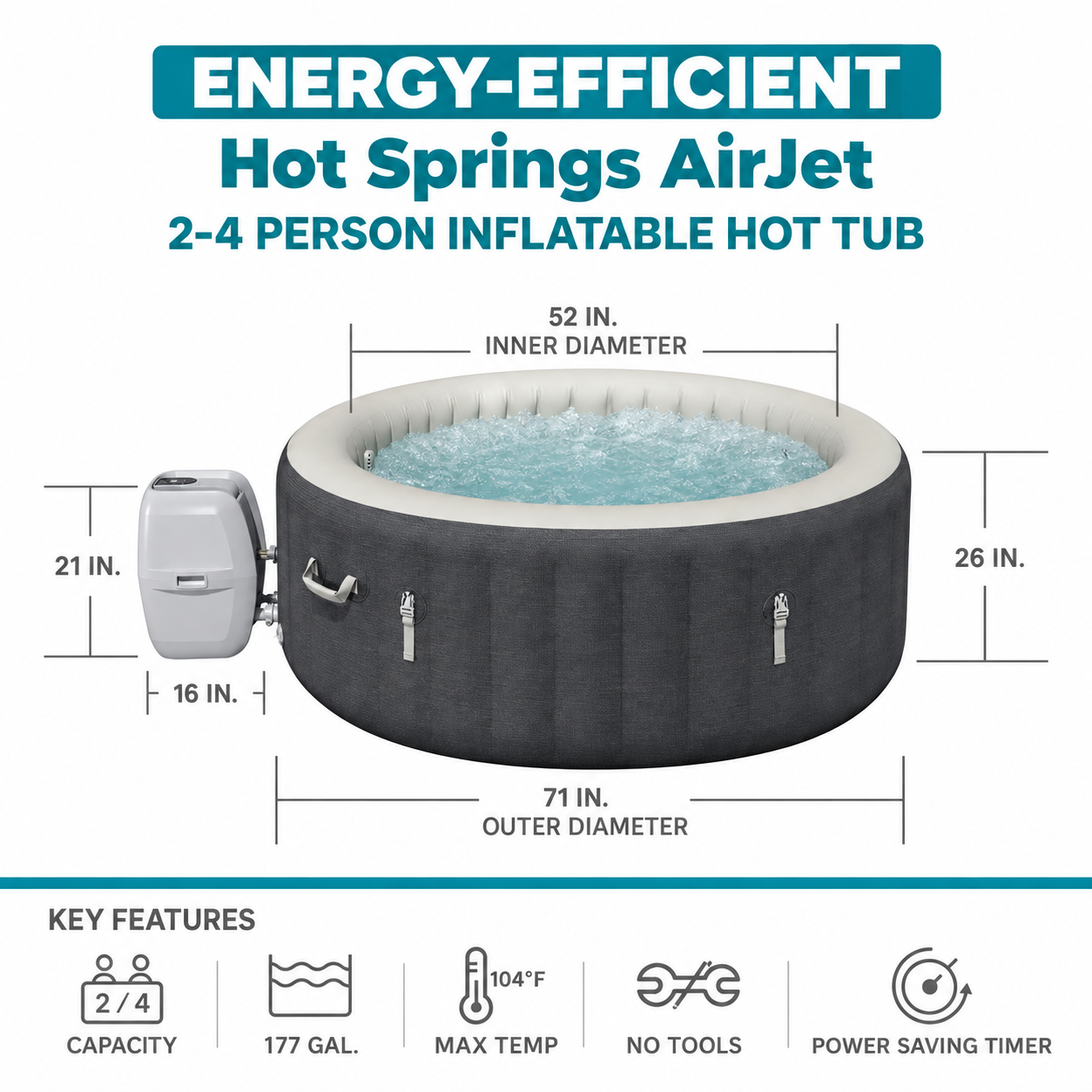 SaluSpa Hot Springs Energy-Efficient AirJet 2-4 Person Inflatable Hot Tub