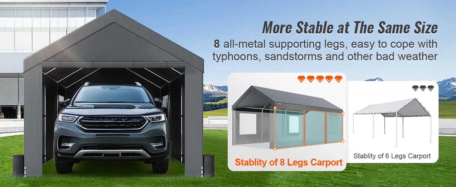 VEVOR Carport, Extra Large 12 x 20 ft Car Canopy with Roll-up Ventilated Windows, Portable Garage with Removable Sidewalls, Waterproof UV Resistant All-Season Tarp for SUV, Truck, Boat ...