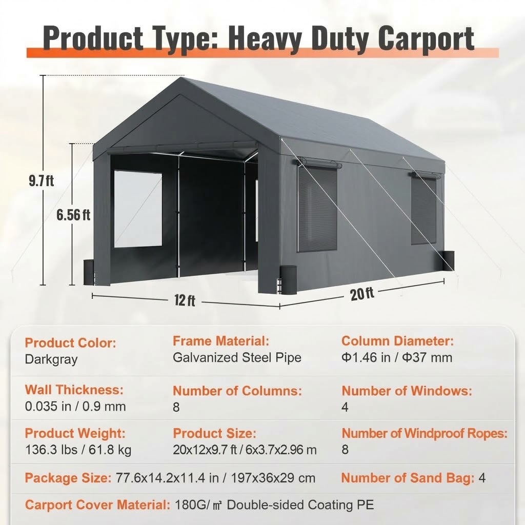VEVOR Carport, Extra Large 12 x 20 ft Car Canopy with Roll-up Ventilated Windows, Portable Garage with Removable Sidewalls, Waterproof UV Resistant All-Season Tarp for SUV, Truck, Boat ...