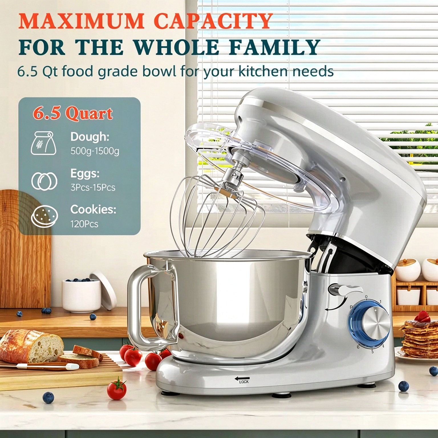 Cheflee 660W Stand Mixer with 6.5QT Stainless Bowl, 6+ Speeds