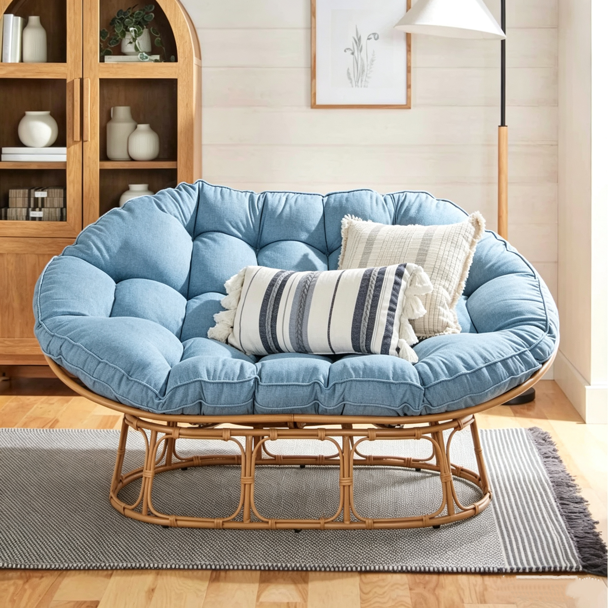 Double Papasan Rocking Lounge Chair, Complete Set with Thick Tufted White Linen Cushion, Faux Rattan Rocking Frame, Oversized 2‑Person Rocking Accent Chair for Living Room Bedroom