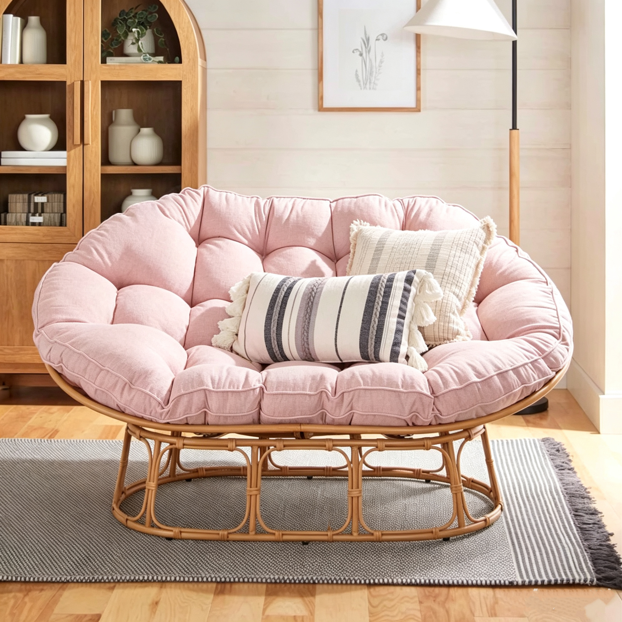 Double Papasan Rocking Lounge Chair, Complete Set with Thick Tufted White Linen Cushion, Faux Rattan Rocking Frame, Oversized 2‑Person Rocking Accent Chair for Living Room Bedroom