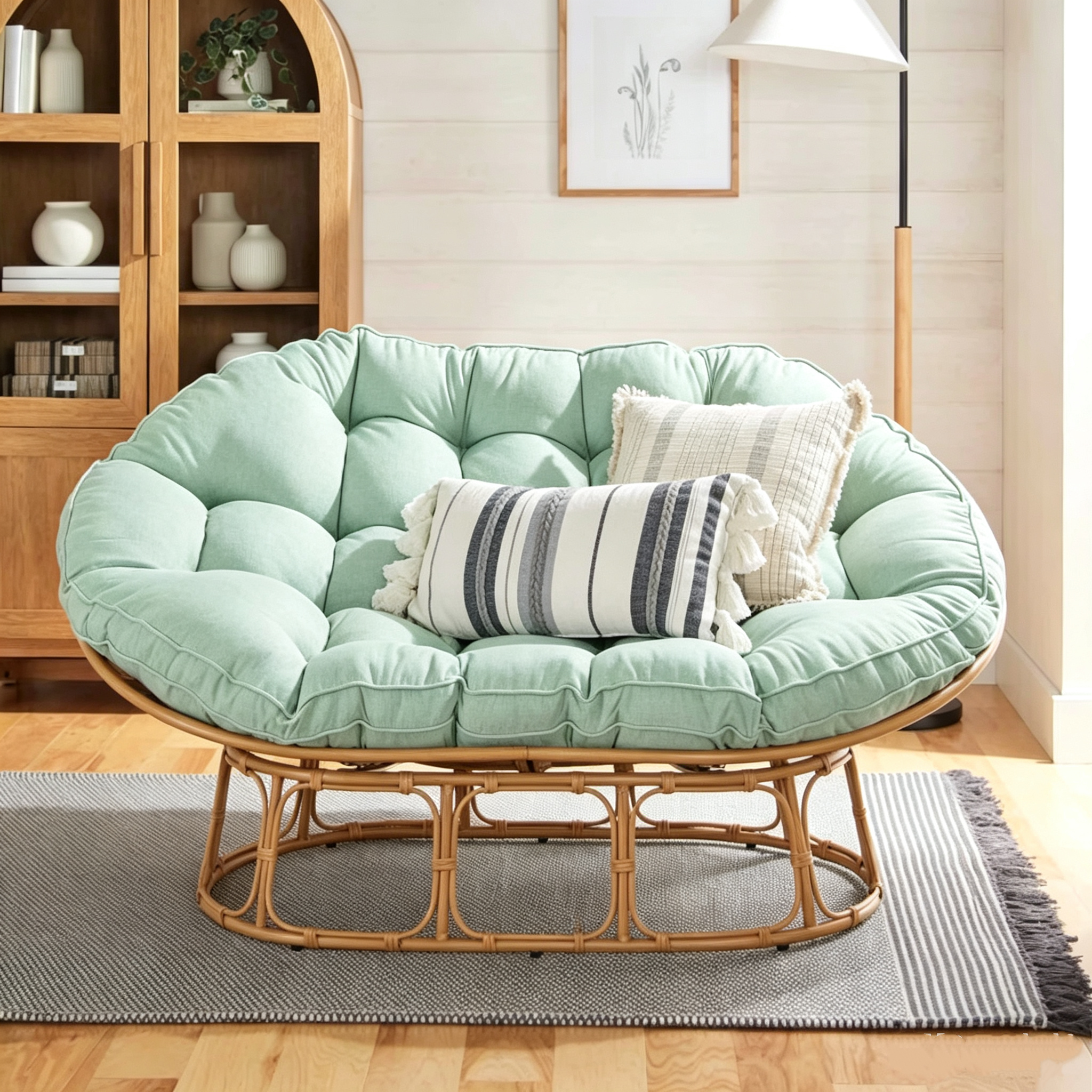 Double Papasan Rocking Lounge Chair, Complete Set with Thick Tufted White Linen Cushion, Faux Rattan Rocking Frame, Oversized 2‑Person Rocking Accent Chair for Living Room Bedroom