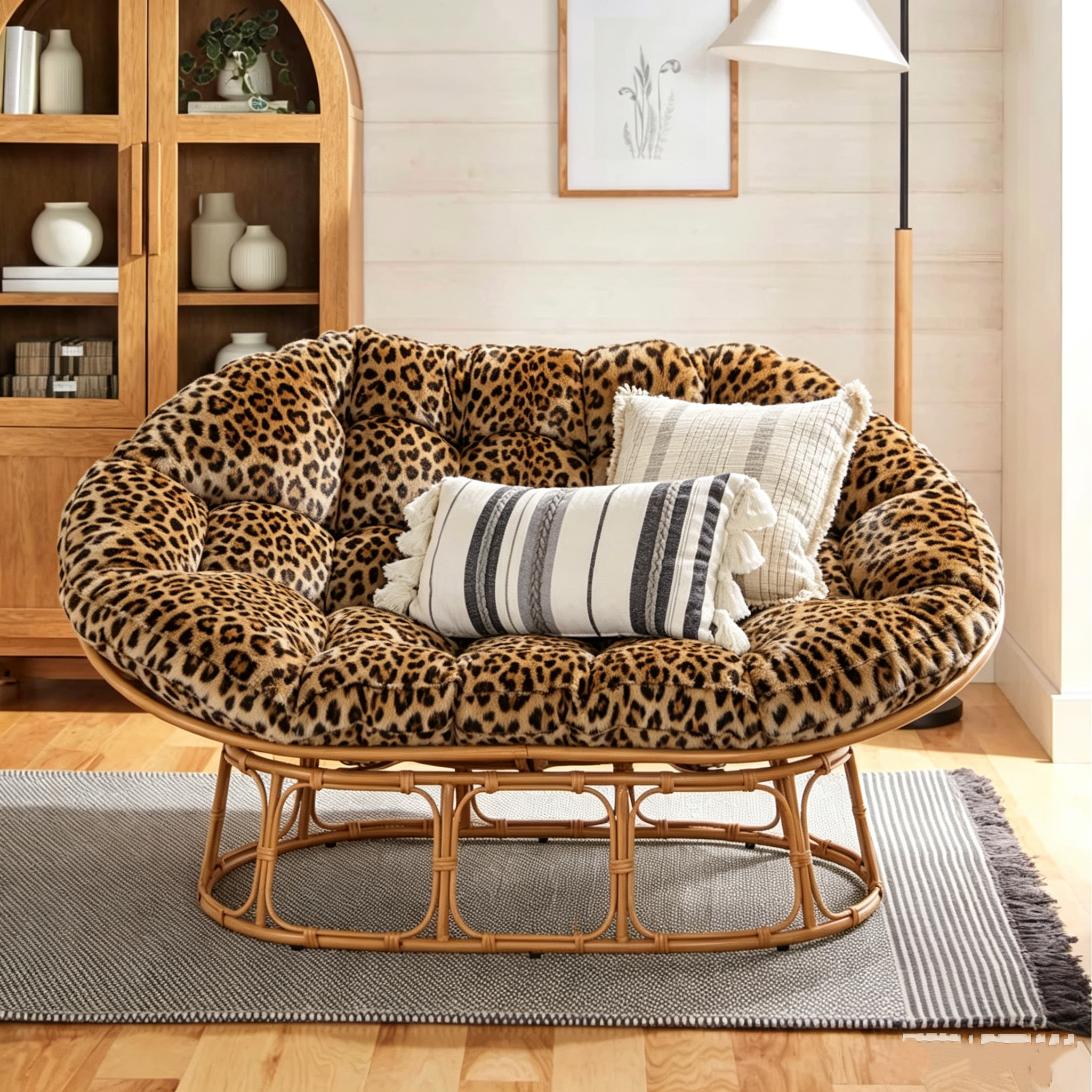 Double Papasan Rocking Lounge Chair, Complete Set with Thick Tufted White Linen Cushion, Faux Rattan Rocking Frame, Oversized 2‑Person Rocking Accent Chair for Living Room Bedroom