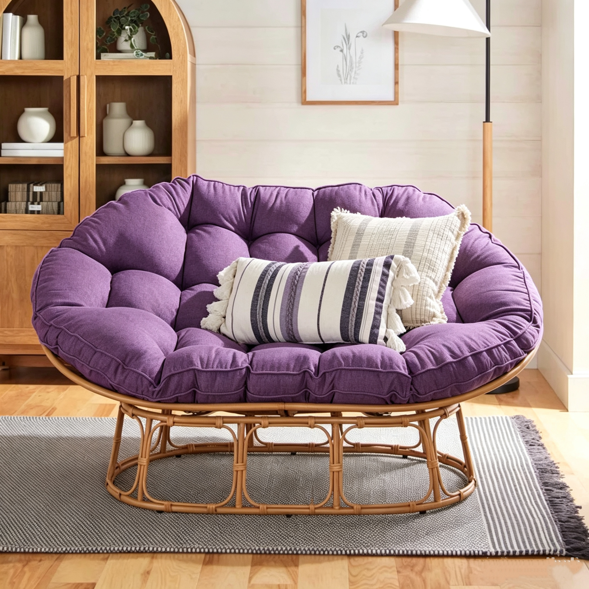 Double Papasan Rocking Lounge Chair, Complete Set with Thick Tufted White Linen Cushion, Faux Rattan Rocking Frame, Oversized 2‑Person Rocking Accent Chair for Living Room Bedroom