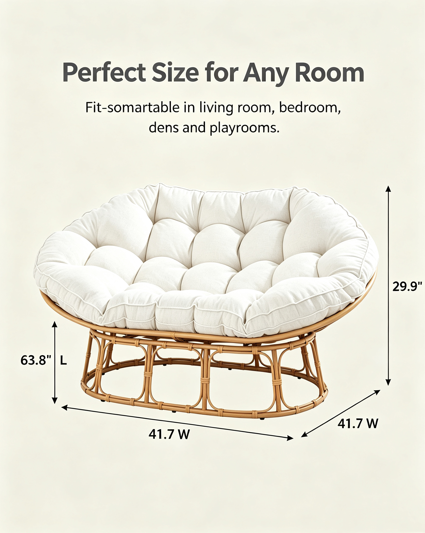 Double Papasan Rocking Lounge Chair, Complete Set with Thick Tufted White Linen Cushion, Faux Rattan Rocking Frame, Oversized 2‑Person Rocking Accent Chair for Living Room Bedroom