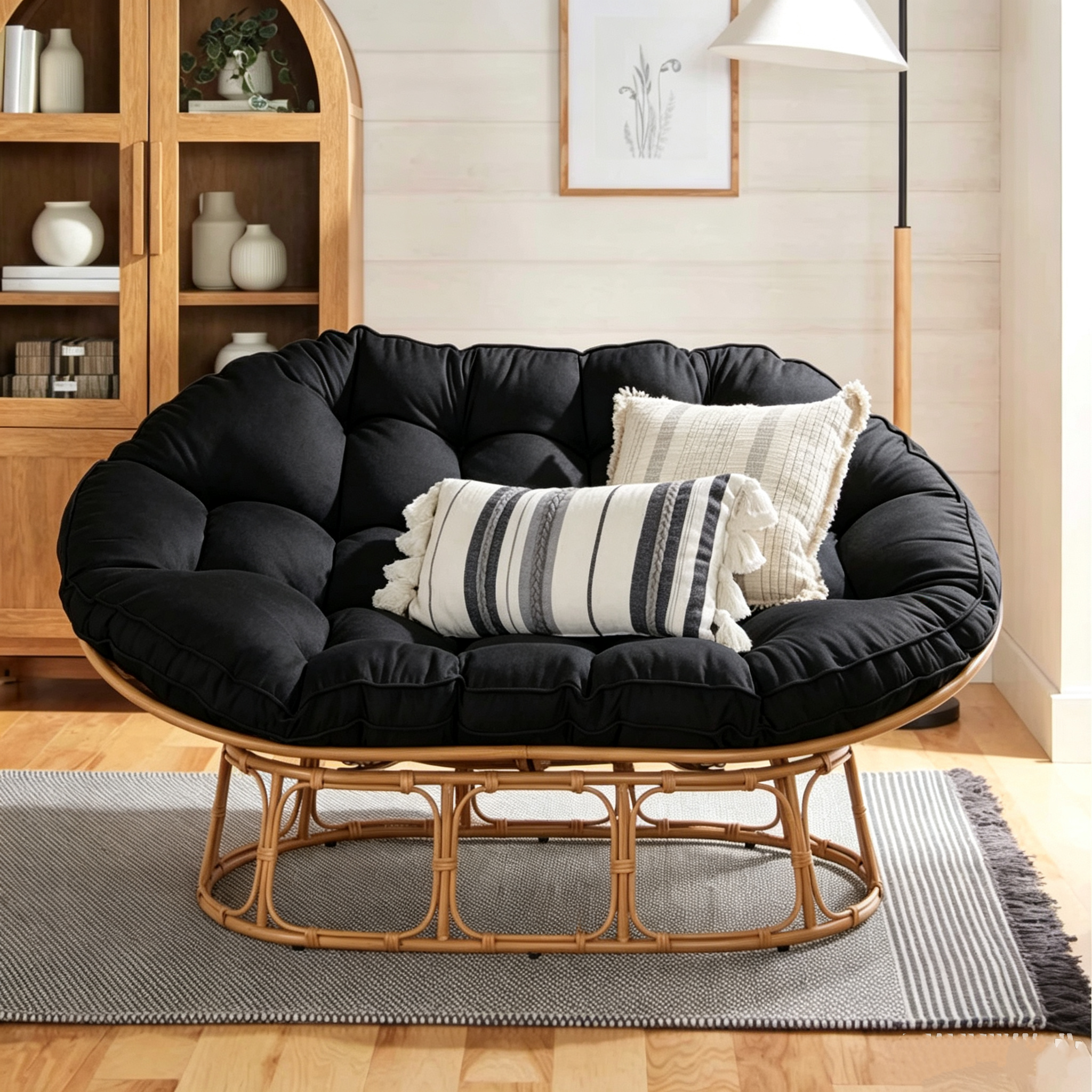 Double Papasan Rocking Lounge Chair, Complete Set with Thick Tufted White Linen Cushion, Faux Rattan Rocking Frame, Oversized 2‑Person Rocking Accent Chair for Living Room Bedroom
