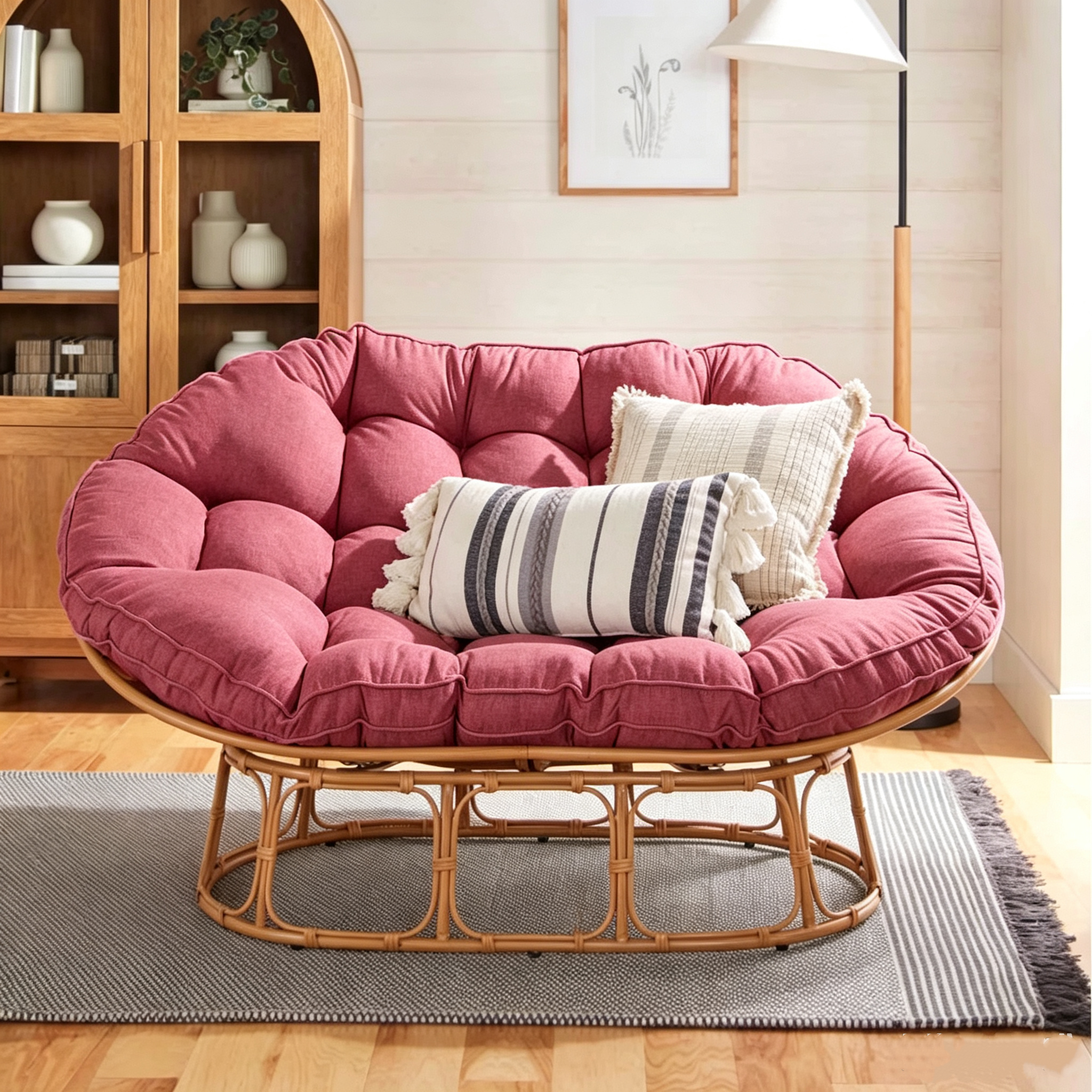 Double Papasan Rocking Lounge Chair, Complete Set with Thick Tufted White Linen Cushion, Faux Rattan Rocking Frame, Oversized 2‑Person Rocking Accent Chair for Living Room Bedroom