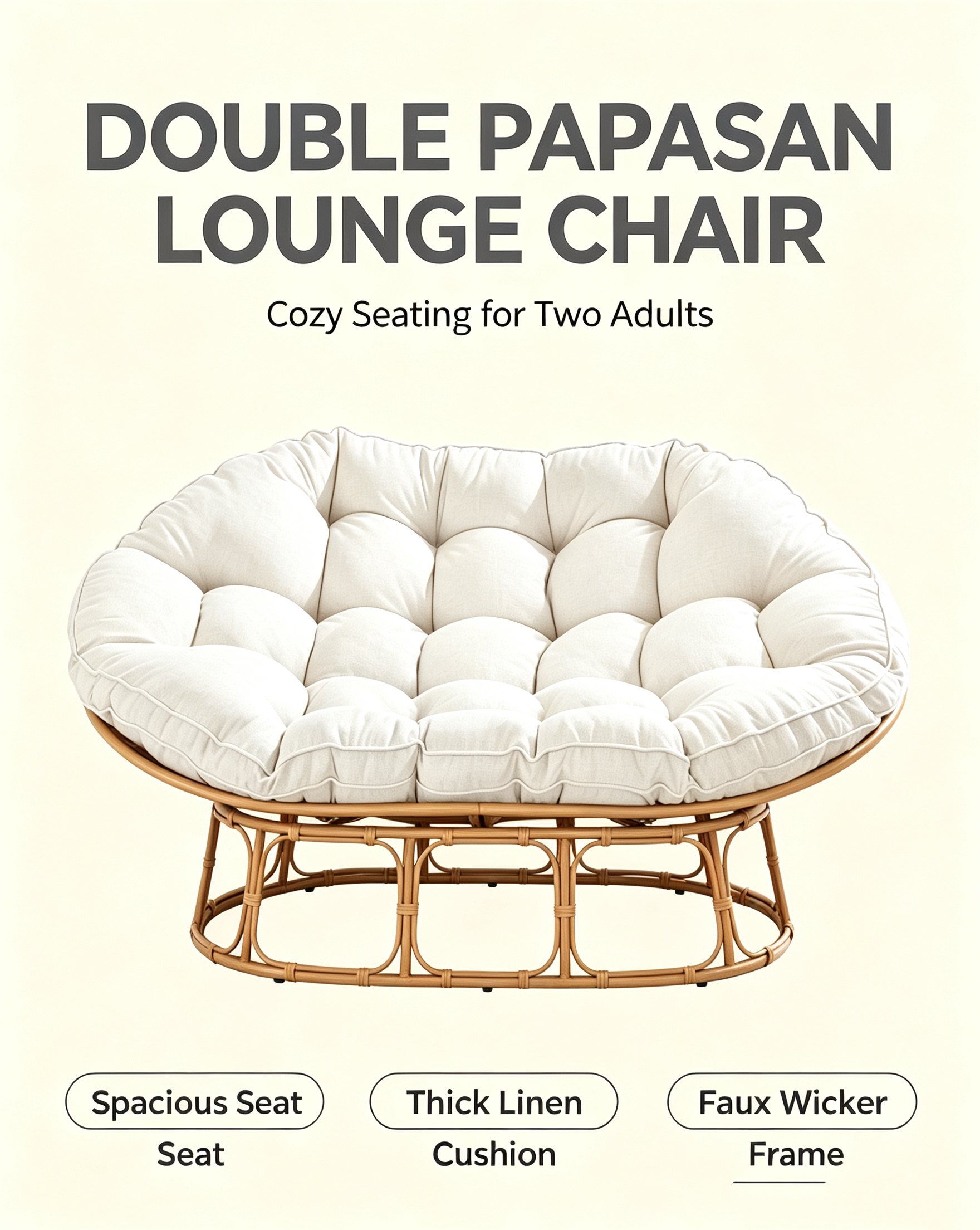 Double Papasan Rocking Lounge Chair, Complete Set with Thick Tufted White Linen Cushion, Faux Rattan Rocking Frame, Oversized 2‑Person Rocking Accent Chair for Living Room Bedroom