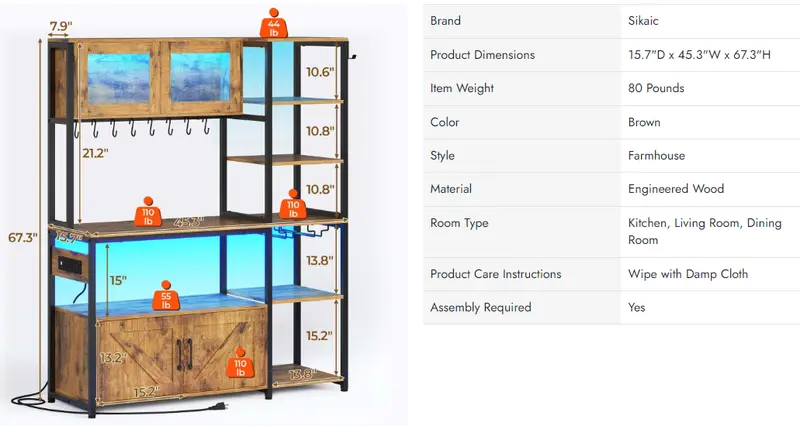 Sikaic 45.3 Inches Farmhouse Coffee Bar Bakers Rack with Power Outlet and LED Light Cabinet Kitchen with Storage Bookshelf Microwave Stand, Home Furniture Christmas Gifts [TiktokShopFallDealsForYou]
