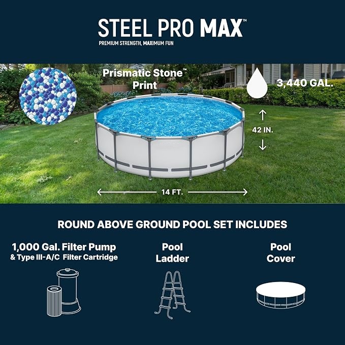 Summer Hot Seller💥Above-Ground Pool – Round Metal Frame Outdoor Pool Set (Includes Filter Pump, Ladder, and Pool Cover; Gray)