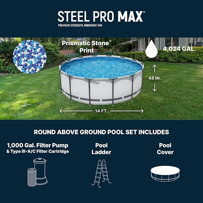 Summer Hot Seller💥Above-Ground Pool – Round Metal Frame Outdoor Pool Set (Includes Filter Pump, Ladder, and Pool Cover; Gray)