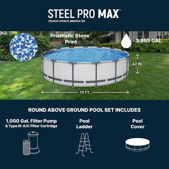 Summer Hot Seller💥Above-Ground Pool – Round Metal Frame Outdoor Pool Set (Includes Filter Pump, Ladder, and Pool Cover; Gray)