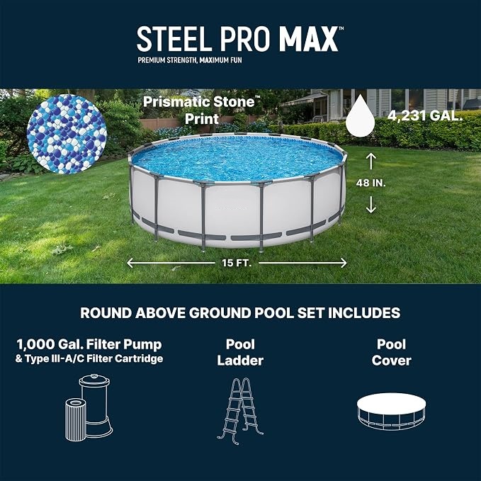 Summer Hot Seller💥Above-Ground Pool – Round Metal Frame Outdoor Pool Set (Includes Filter Pump, Ladder, and Pool Cover; Gray)