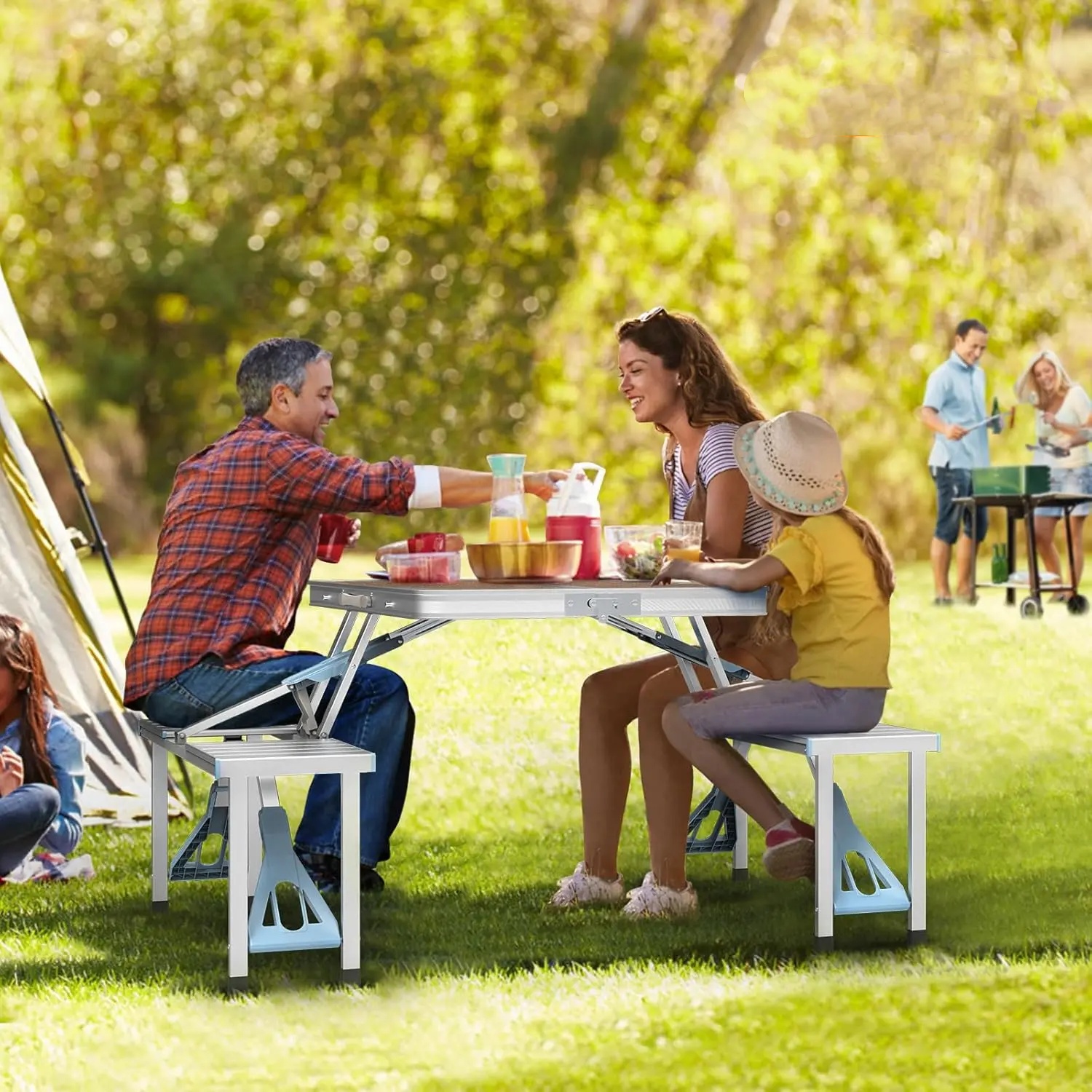 VINGLI 4 Ft Folding Camping Picnic Table Set with 4 Seats and Umbrella Hole
