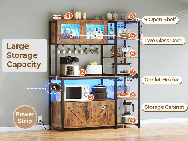 Sikaic 45.3 Inches Farmhouse Coffee Bar Bakers Rack with Power Outlet and LED Light Cabinet Kitchen with Storage Bookshelf Microwave Stand, Home Furniture Christmas Gifts [TiktokShopFallDealsForYou]