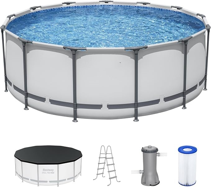 Summer Hot Seller💥Above-Ground Pool – Round Metal Frame Outdoor Pool Set (Includes Filter Pump, Ladder, and Pool Cover; Gray)