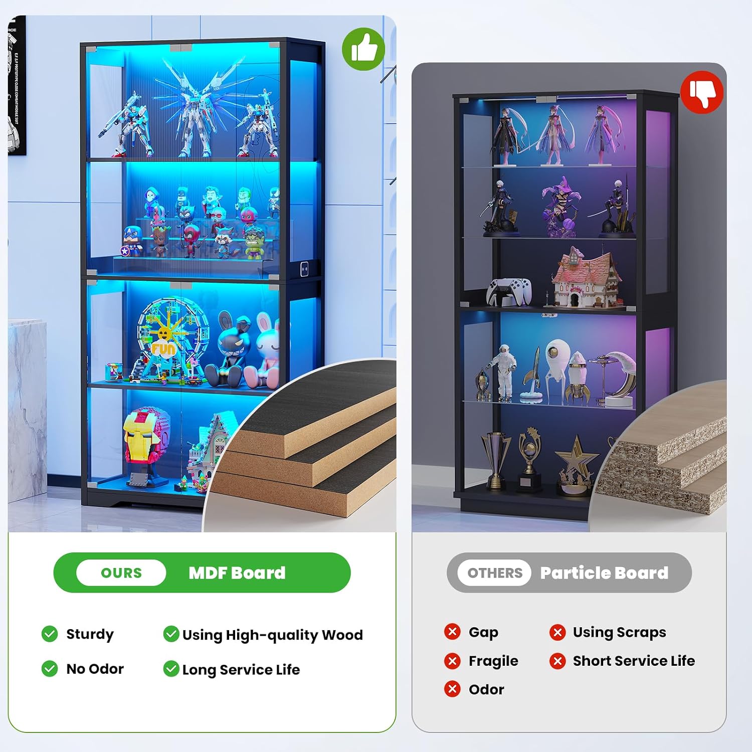 Display cabinet with 3 color collectible lights and glass doors