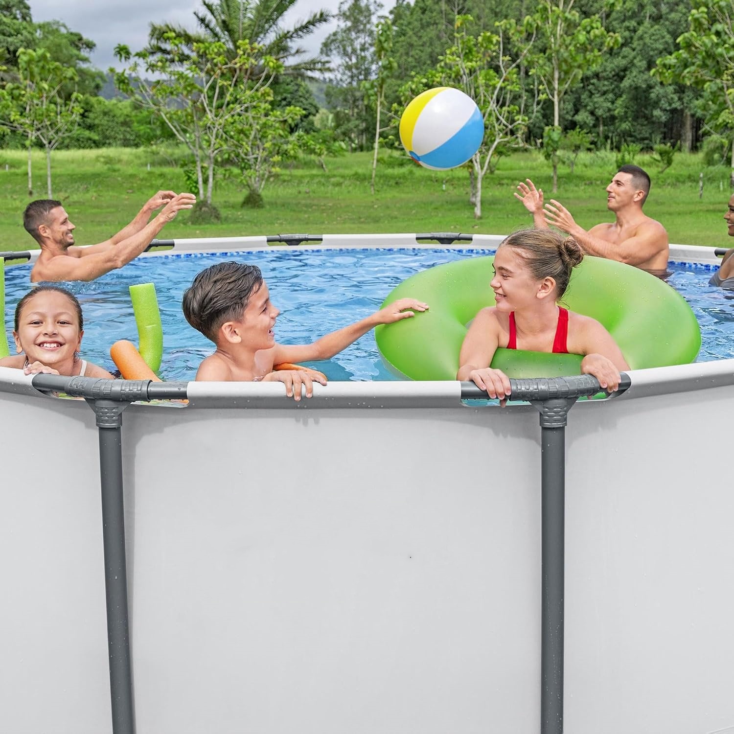Summer Hot Seller💥Above-Ground Pool – Round Metal Frame Outdoor Pool Set (Includes Filter Pump, Ladder, and Pool Cover; Gray)