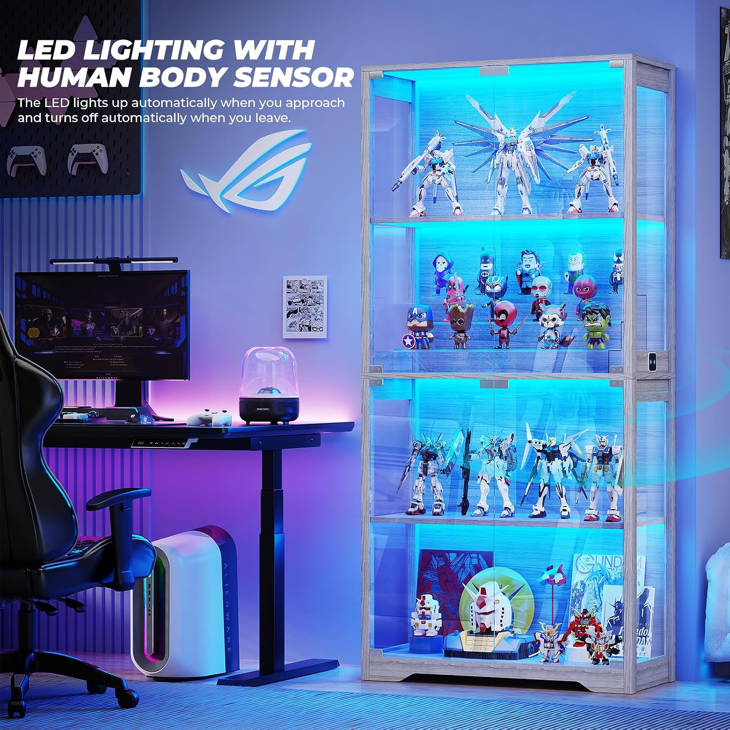 Display cabinet with 3 color collectible lights and glass doors