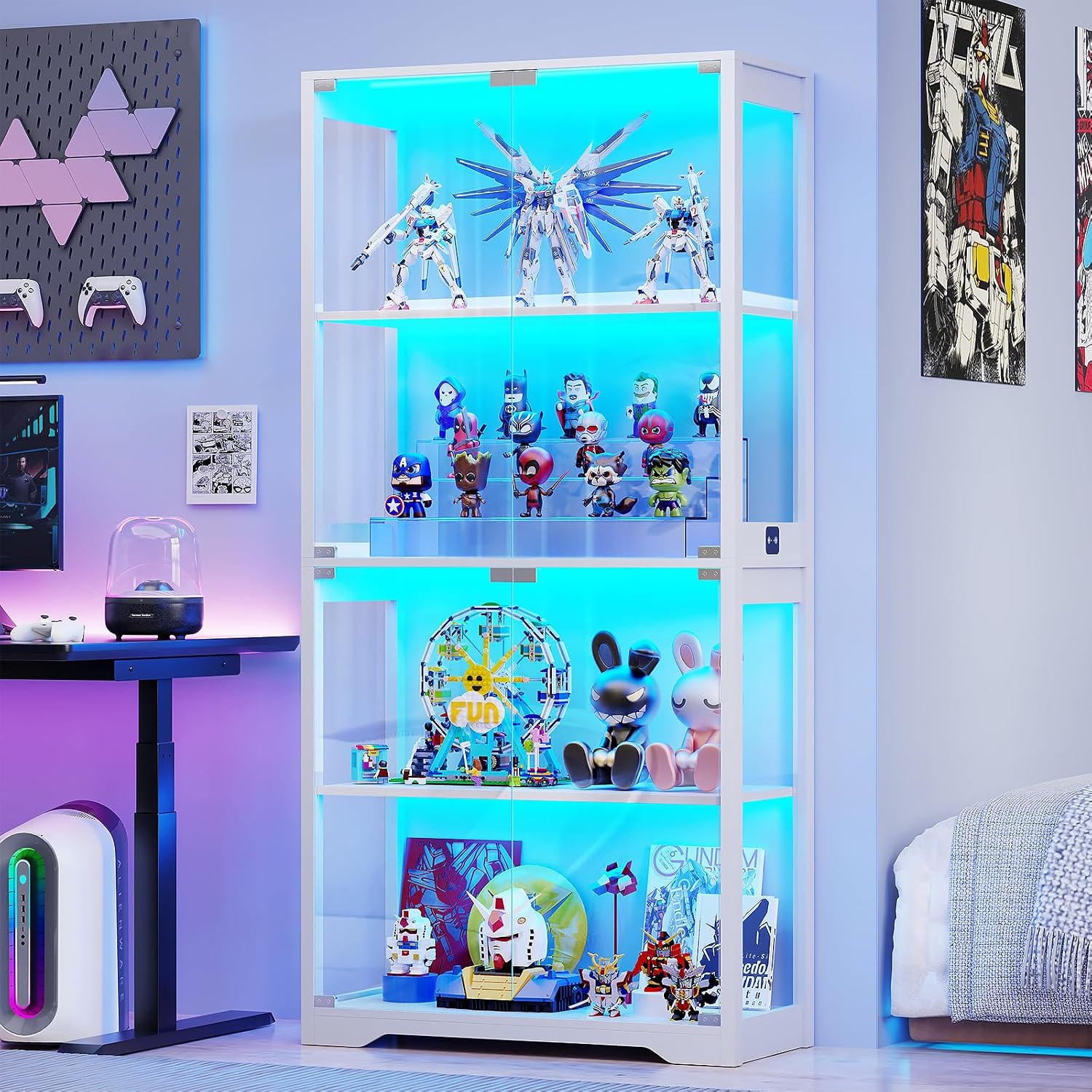 Display cabinet with 3 color collectible lights and glass doors